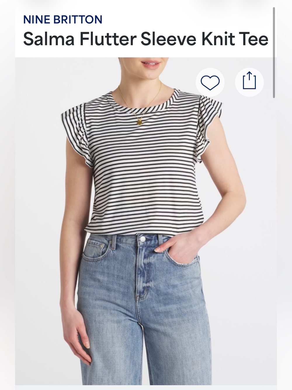 NINE BRITTON flutter sleeve top size S black white striped